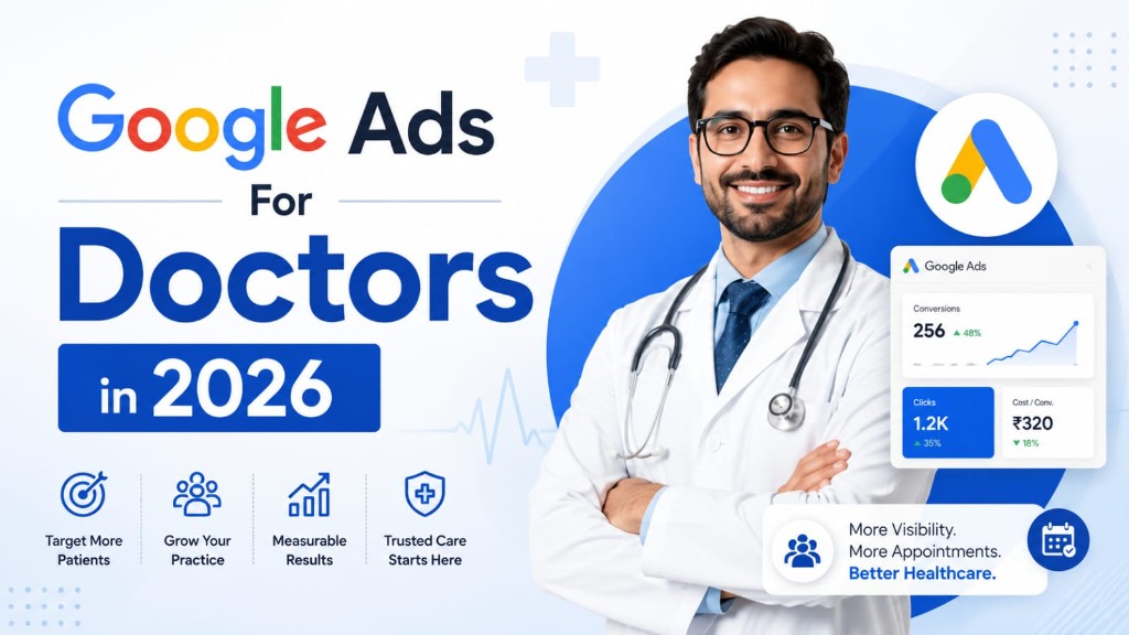 Featured graphic showing Google Ads for doctors in 2026 with a doctor, Google Ads branding, and patient growth icons